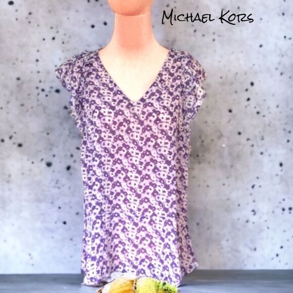 MICHAEL KORS BLOUSE TOP PURPLE FLORAL LIGHTWEIGHT SMALL RUFFLE SLEEVES - Picture 1 of 5